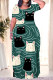 Ink Green Casual Graffiti Print Pocket Contrast O Neck Printed Plus Size Dresses