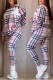 Pink Gray Casual Plaid Letter Print Pocket Contrast O Neck Long Sleeve Two Pieces