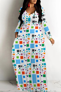 Blue Casual Colorblock Flowers Print Pocket Contrast O Neck Printed Dresses