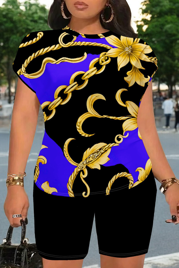 Purple Black Casual Print Patchwork O Neck Short Sleeve Two Pieces