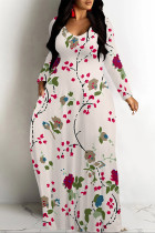 Light Pink Casual Colorblock Flowers Print Pocket Contrast O Neck Printed Dresses
