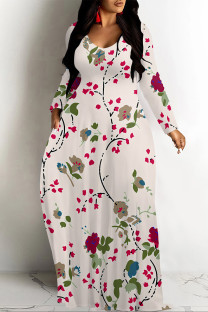 Light Pink Casual Colorblock Flowers Print Pocket Contrast O Neck Printed Dresses