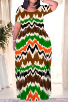 Stripe Casual Graffiti Print Pocket Contrast O Neck Printed Plus Size Dresses