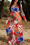 Red Casual National Totem Print Pocket Contrast O Neck Printed Dresses