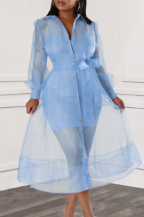 Baby Blue Sexy Solid Color Buckle Strap Design Mesh Turndown Collar Long Sleeve Two Pieces