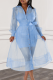 Baby Blue Sexy Solid Color Buckle Strap Design Mesh Turndown Collar Long Sleeve Two Pieces