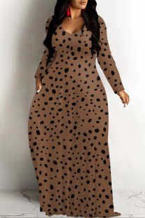 Light Brown Casual Colorblock Flowers Print Pocket Contrast O Neck Printed Dresses