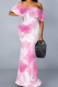 Pink Elegant Print Patchwork Ruffled Trim Off Shoulder Long Dresses