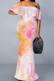 Pink Elegant Print Patchwork Ruffled Trim Off Shoulder Long Dresses