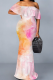 Pink Orange Elegant Print Patchwork Ruffled Trim Off Shoulder Long Dresses