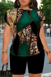 Yellow Casual Print Patchwork O Neck Short Sleeve Two Pieces