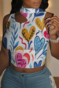White Blue Sexy Print Hollow Out Patchwork O Neck T-Shirts