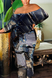 Blue Black Sexy Faux Denim Print Flounce Contrast Off Shoulder Long Dresses
