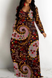 Red Casual National Totem Print Pocket Contrast O Neck Printed Dresses