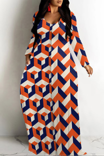 Orange Casual Geometric Print Pocket Contrast O Neck Printed Dresses