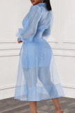 Rose Red Sexy Solid Color Buckle Strap Design Mesh Turndown Collar Long Sleeve Two Pieces