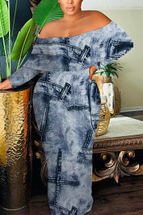 Gray Blue Sexy Faux Denim Print Flounce Contrast Off Shoulder Long Dresses