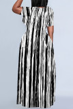 Black And White Casual Striped Print Pocket Contrast O Neck Printed Plus Size Dresses