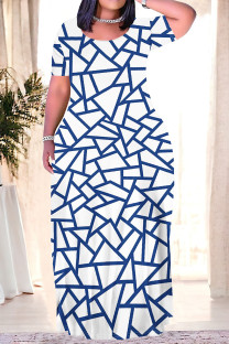 Blue White Casual Geometric Print Pocket Contrast O Neck Printed Plus Size Dresses