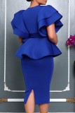 Blue Elegant Solid Color Patchwork Slit V Neck Long Dresses