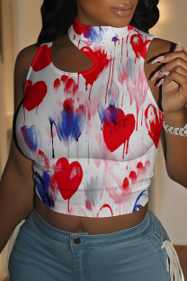 Red Blue Sexy Print Hollow Out Patchwork O Neck T-Shirts