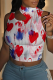 Red Blue Sexy Print Hollow Out Patchwork O Neck T-Shirts