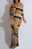 Blue Sexy Faux Denim Print Flounce Contrast Off Shoulder Long Dresses