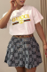 Grey Casual Letters Embroidered Patchwork O Neck Short Sleeve Two Pieces