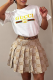 Light Brown Casual Letters Embroidered Patchwork O Neck Short Sleeve Two Pieces