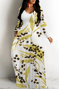 Yellow White Casual Colorblock Flowers Print Pocket Contrast O Neck Printed Dresses