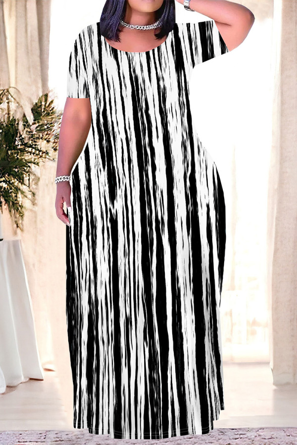 Black And White Casual Striped Print Pocket Contrast O Neck Printed Plus Size Dresses