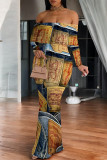 Blue Sexy Faux Denim Print Flounce Contrast Off Shoulder Long Dresses
