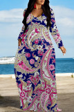 Red Casual National Totem Print Pocket Contrast O Neck Printed Dresses