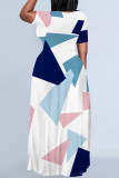 Black And White Casual Geometric Print Pocket Contrast O Neck Printed Plus Size Dresses