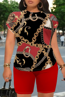 Red Black Casual Print Patchwork O Neck Short Sleeve Two Pieces