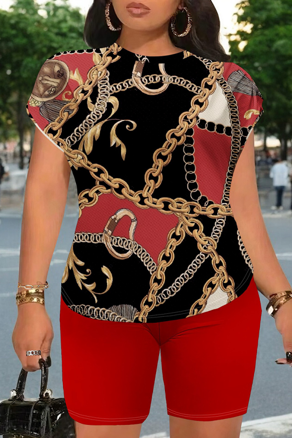Red Black Casual Print Patchwork O Neck Short Sleeve Two Pieces
