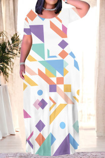 Multi-color Casual Geometric Print Pocket Contrast O Neck Printed Plus Size Dresses