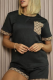 Black Daily Letters Pocket Patchwork O Neck Short Sleeve Two Pieces