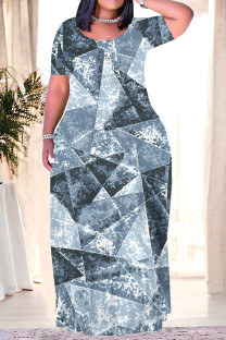 Blue Casual Geometric Print Pocket Contrast O Neck Printed Plus Size Dresses