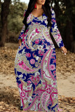 Red Casual National Totem Print Pocket Contrast O Neck Printed Dresses