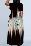 Black And White Casual Striped Print Pocket Contrast O Neck Printed Plus Size Dresses