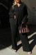Black Casual Daily Solid Color Buttons Turndown Collar Long Sleeve Two Pieces