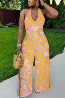 Orange Casual Floral Print Pocket Lace Up Backless Halter Loose Jumpsuits