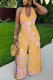Orange Casual Floral Print Pocket Lace Up Backless Halter Loose Jumpsuits