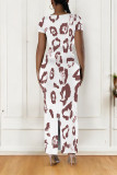 Multicolor Casual Leopard Print Tiger Stripes Contrast O Neck Printed Short Sleeve Dress