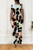 Multicolor Casual Leopard Print Tiger Stripes Contrast O Neck Printed Short Sleeve Dress