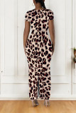 Multicolor Casual Leopard Print Tiger Stripes Contrast O Neck Printed Short Sleeve Dress