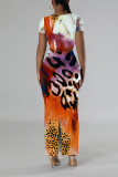 Multicolor Casual Leopard Print Tiger Stripes Contrast O Neck Printed Short Sleeve Dress