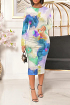 Blue Casual Floral Print Gradient Contrast O Neck Printed Dresses