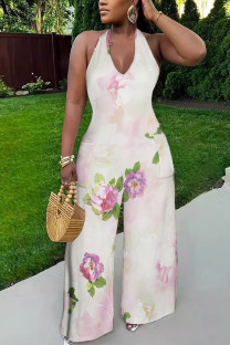 Pink Casual Floral Print Pocket Lace Up Backless Halter Loose Jumpsuits